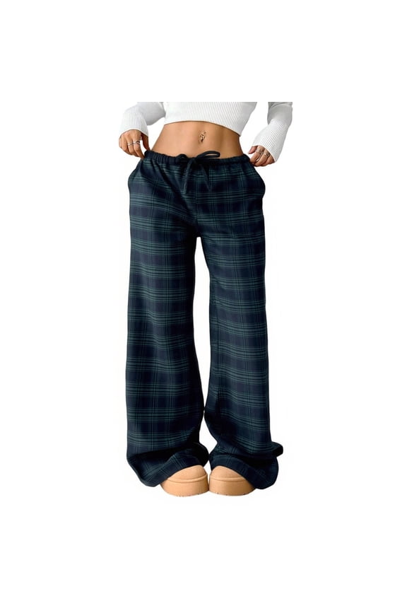 Women's Plaid Baggy Pants High Waisted Grunge Wide Leg Pants Drawstring Vintage Loose Streetwear Lounge Trousers with Pockets,Dark Green L