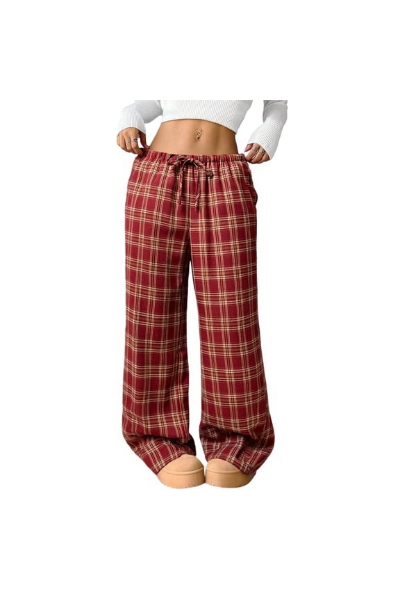 Women's Plaid Checkered Baggy Pants High Waisted Grunge Wide Leg Pants Drawstring Vintage Loose Goth Wide Leg Trousers with Pockets,Red L