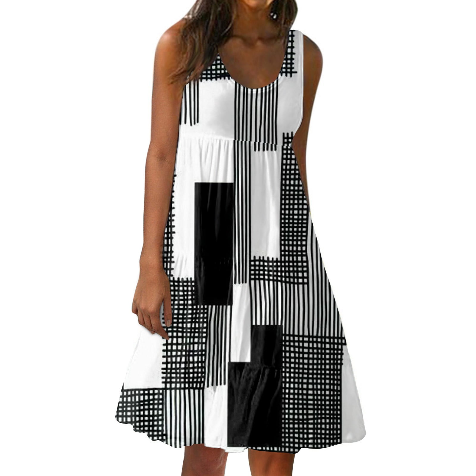 GIPQJK Women's Summer Ruffle Dresses Scoop Neck Striped Color Block Sun