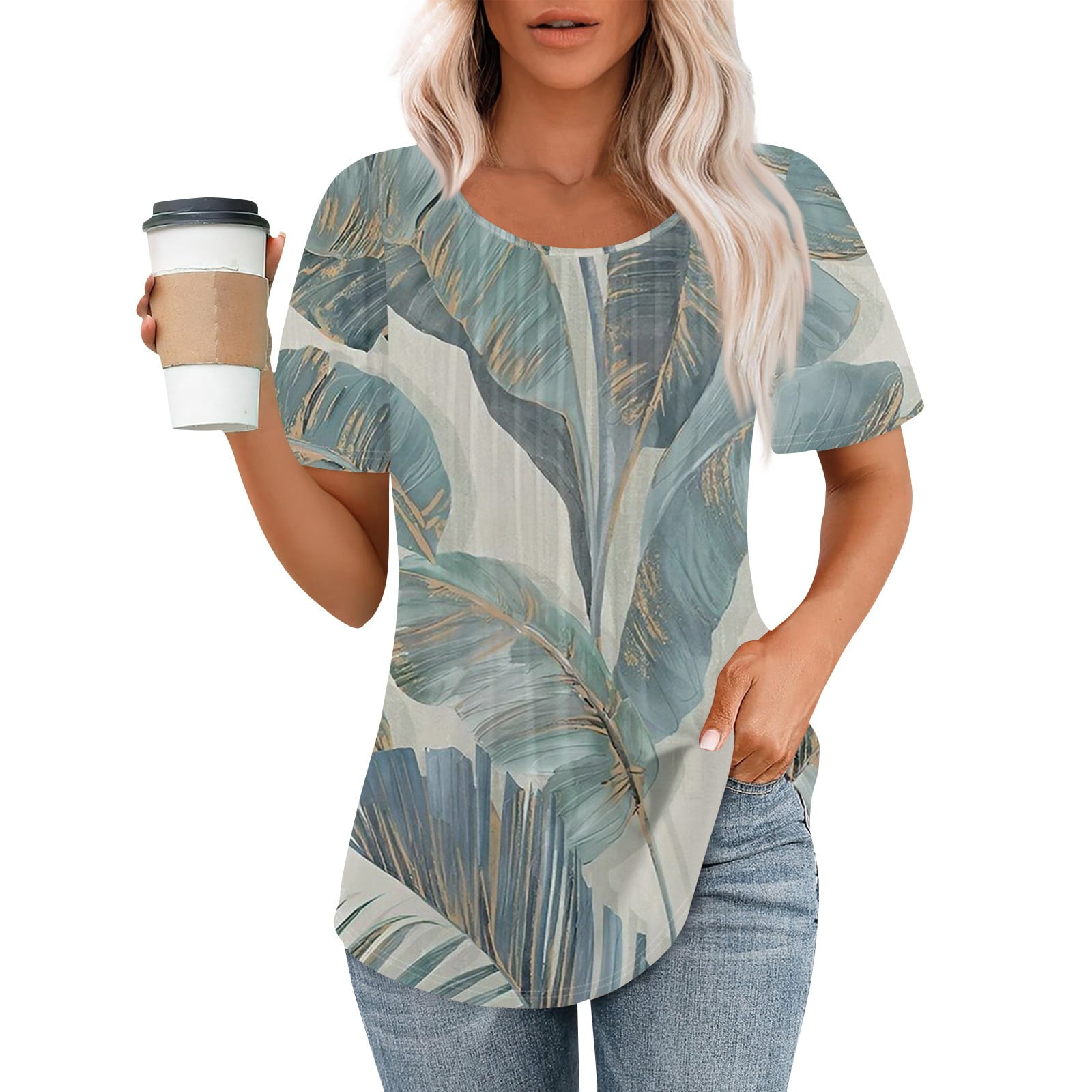 GIPQJK Women's Summer Tops Short Sleeve Pleated Crewneck TShirts Loose