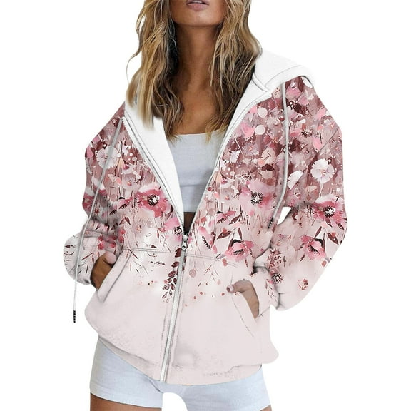 GIPQJK Women's Zip Up Y2k Hoodies Oversized Sweatshirt Long Sleeve Floral Print Jackets Fall Fashion Plus Size Outfits Fashion Clothes with Pockets,Pink L