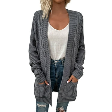 GIPQJK Womens Cardigan Sweaters Open Front Chunky Knit Cardigan Sweaters Long Sleeve Basic Fleece Cardigans with Pockets,Gray M