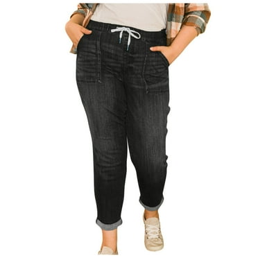 GIPQJK Womens Elastic Drawstring Waist Stretch Denim Skinny Drawstring Jeans Pants Trousers,Dark Blue XL
