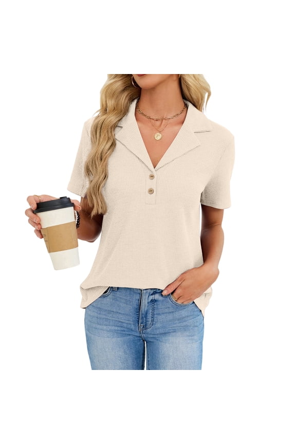 Womens Knit Polo Shirt Waffle Lapel Collar Short Sleeve Polo Blouse Relaxed Fit Button Tops Dressy Fashion Clothing,Khaki,XL