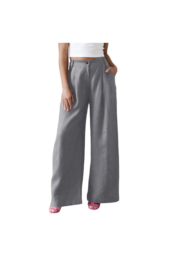 Womens Linen Pants Palazzo High Waisted Loose Business Pants Slacks Business Button Down Summer Long Trousers with Pockets,Gray M