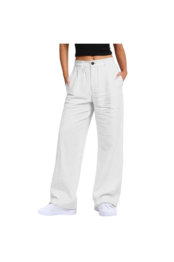 Womens Linen Pants Palazzo High Waisted Lounge Work Trousers Slacks Straight Button Down Travel Pants with Pockets,White L