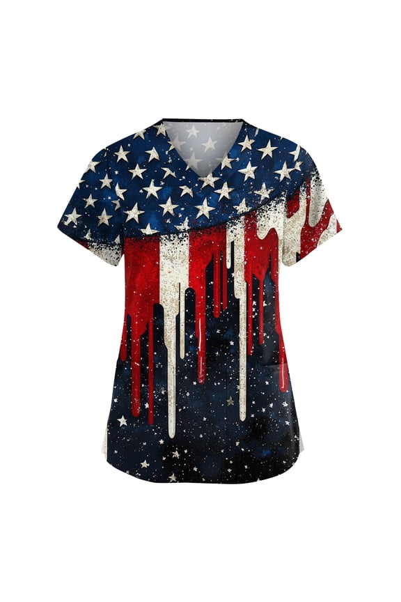 Womens Patriotic Scrub Tops 4th Of July Star Stripe Printed Nursing Uniforms Casual V Neck Short Sleeve T-Shirt,Black L