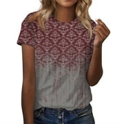 GIPQJK Womens Petite Tops Crew Neck Short Sleeve Tee Shirts Floral Print Dressy Shirts Tunic Tee Tops,Deep Red L