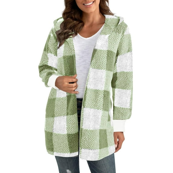 GIPQJK Womens Sherpa Jacket Plus Size Plaid Shacket Jacket Oversized Fleece Open Front Cardigan Sweater with Pockets,Light Green L