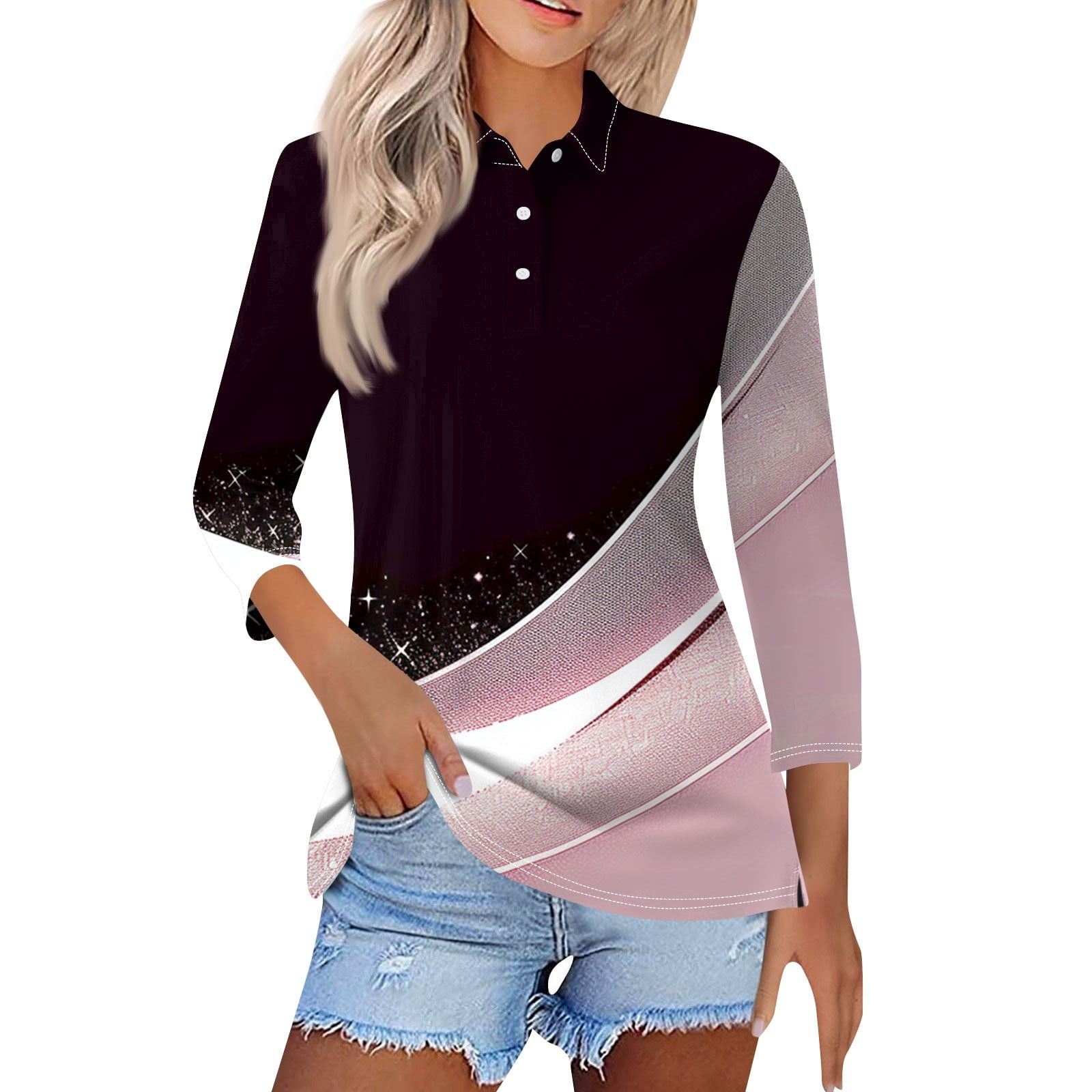 GIPQJK Womens Summer Tops 2024 3/4 Sleeve Polo Shirts Button Down Lapel