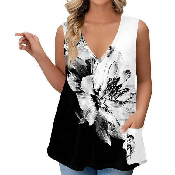 GIPQJK Womens Tank Tops Plus Size V Neck Sleeveless Tunic Shirts Casual Floral Print 2025 Summer Workout Tank Top with Pockets,Black 4XL