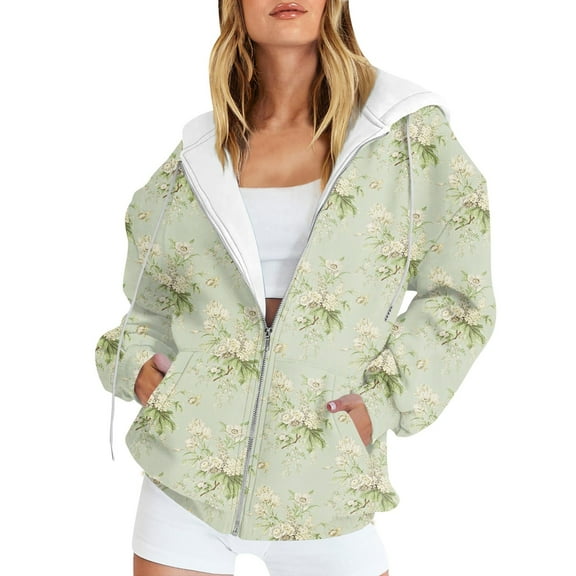 GIPQJK Zipper Hoodies for Women Oversized Sweatshirts Long Sleeve Floral Print Jackets Fall Fashion Y2k Outfits Fashion Clothes with Pockets,Mint Green XL