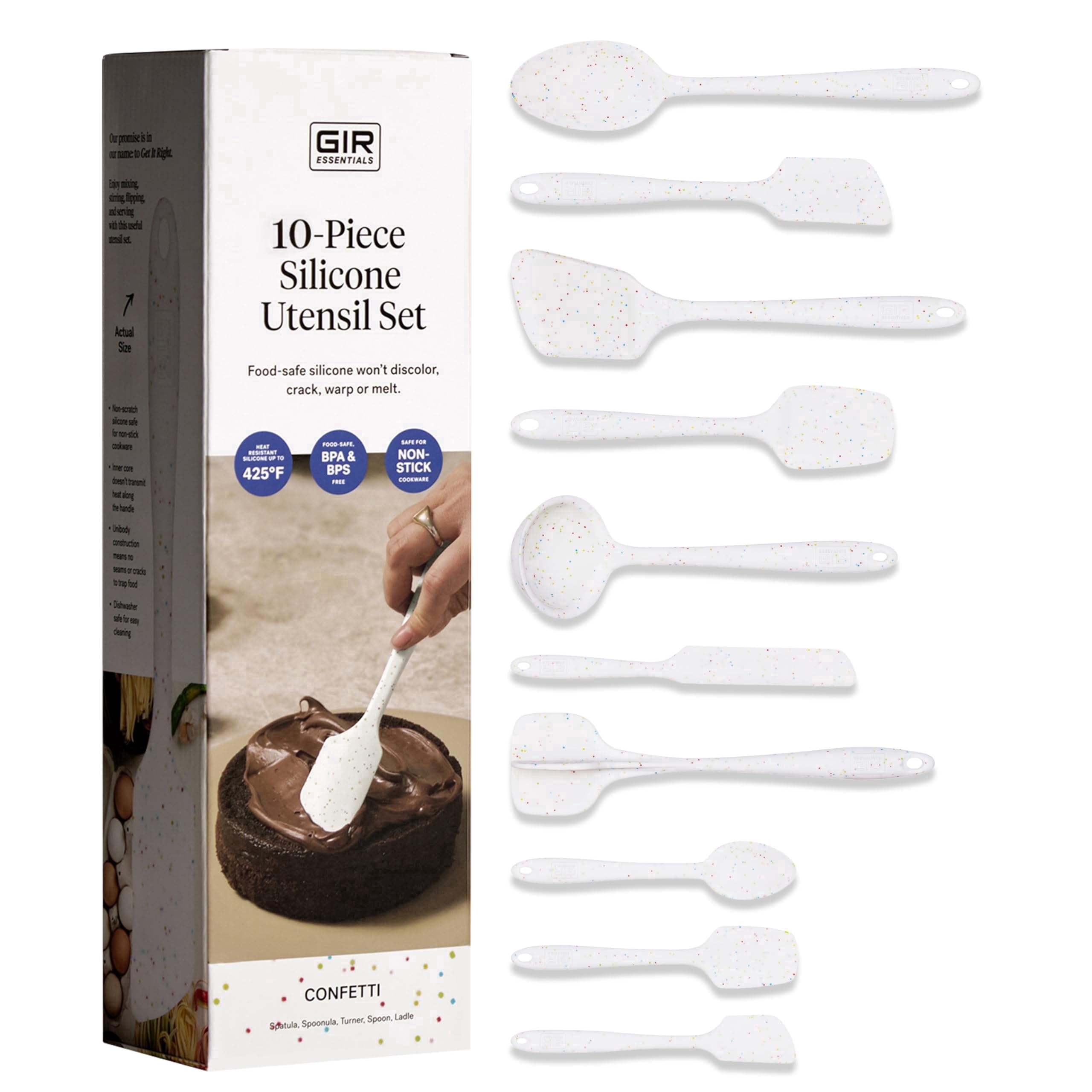 GIR Get It Right 10 Piece Essentials Silicone Cooking Utensils Set Nonstick 425°F Heat Resistant Kitchen Utensils Set for Cooking and Baking, Confetti
