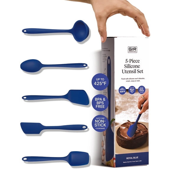 GIR Get It Right 5 Piece Essentials Silicone Cooking Utensils Set Nonstick Heat Resistant Kitchen Utensils for Cooking and Baking, Royal Blue