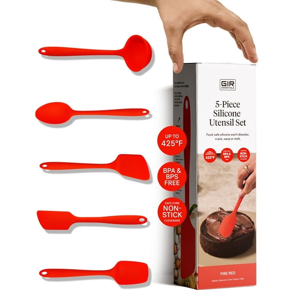 GIR: Get It Right 5-Piece Silicone Essentials Kitchen Utensils Set - Ladle, Spatula, Flip, Spoon & Spoonula - Non-Toxic Cooking Utensils for Nonstick Cookware, Cooking and Baking - Fire Red