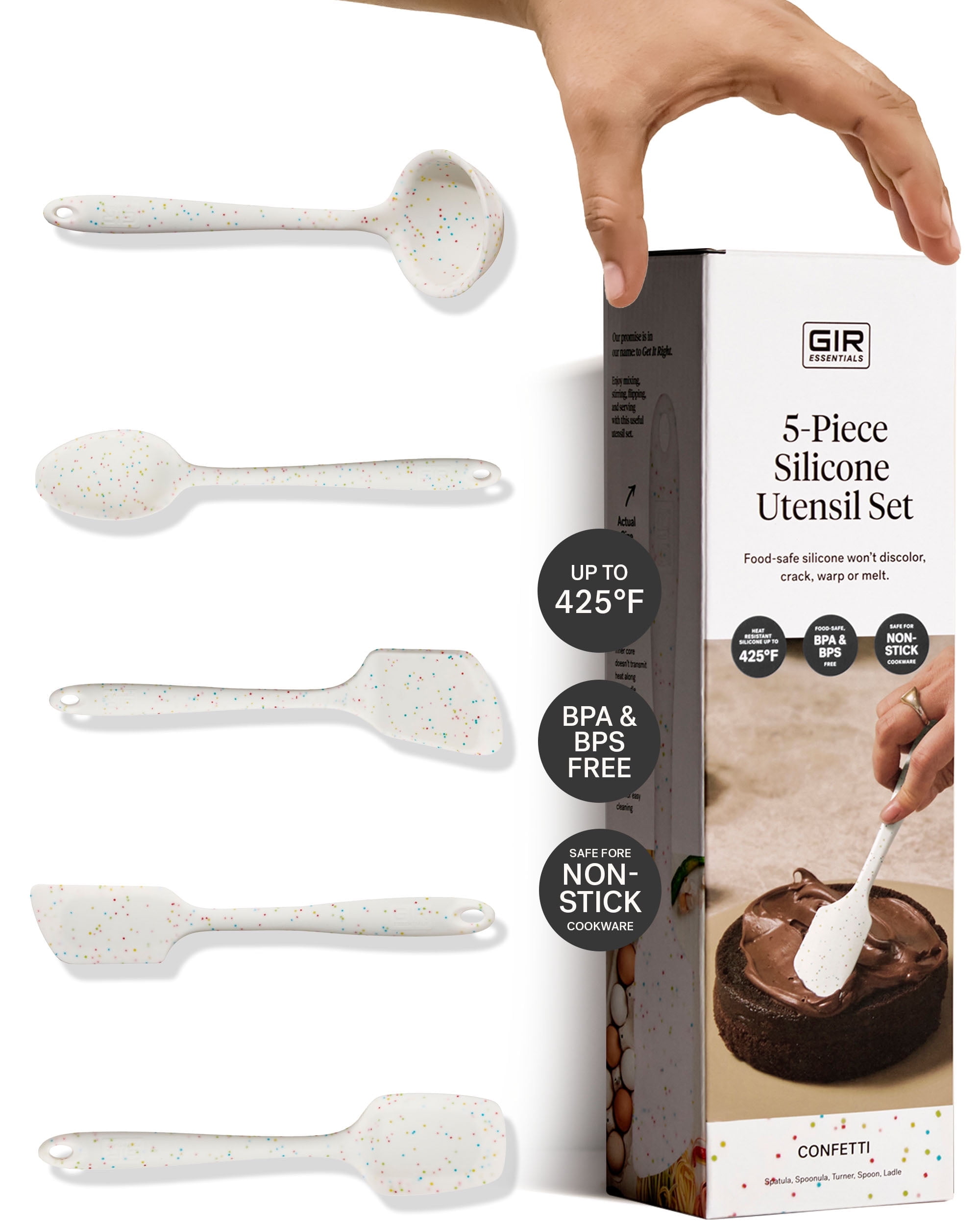 GIR: Get It Right - 5 Piece Essentials All Purpose Set - Ladle, Spatula, Flip, Spoon & Spoonula, Non-stick, Heat Resistant, Dishwasher Safe, Kitchen Utensils, Baking Supplies - Party Confetti - Walmart.com