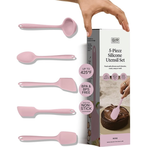 GIR Get It Right 5 Piece Essentials Silicone Cooking Utensils Set Nonstick Heat Resistant Kitchen Utensils for Cooking and Baking, Rose