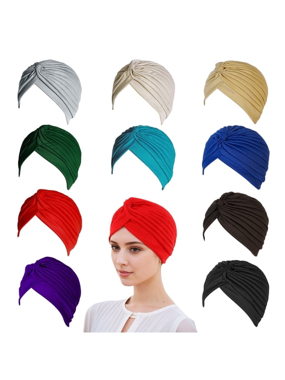 10 PCS Stretchy Turban Cap for Women, Chemo Head Wraps Cancer Headwear , Twisted India Hats with Assorted Colors