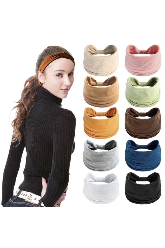 10 Pack Wide Headbands for Women - Non-Slip Stretchy Yoga Hair Bands, Soft & Breathable Boho Turban Head Wraps - Multi-Color Bulk Set for Running, Workout, and Fashion Accessories