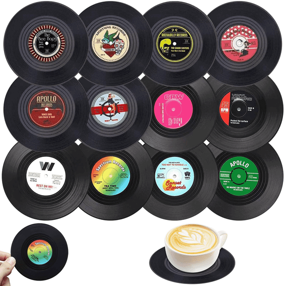 GIRACOA 12 PCS Vinyl Record Coasters, Nostalgic Fashion Retro Non-Slip Anti-Scald-Proof Glass Coasters