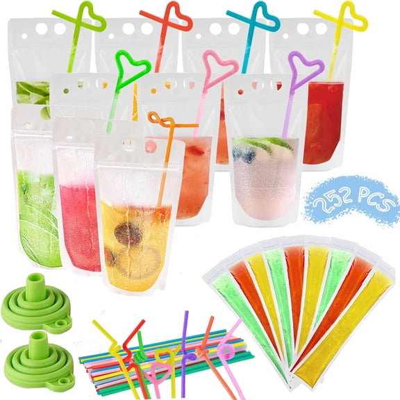 GIRACOA 120 Pcs Reusable Plastic Drink Bags with Straws, Ice Bags, Funnels, Airtight Juice Pouches for Hot/Cold Drinks