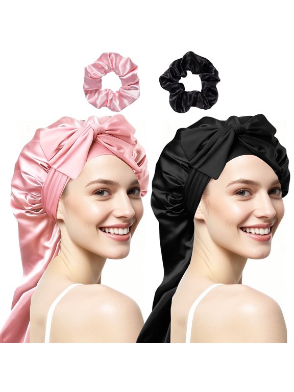 2 PCS Silk Hair Bonnets for Long Hair – Extra Long Shower Cap for Curls & Braids, Bonus 2 Headbands (Total 4 Pieces)
