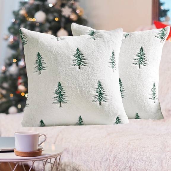 GIRACOA 2 Pack Christmas Tree Decorative Throw Pillow Covers, 18"x18" Soft Faux Fuzzy Embroidered Couch Cushions Covers for Sofa Bed Living Room Xmas Holiday Decor
