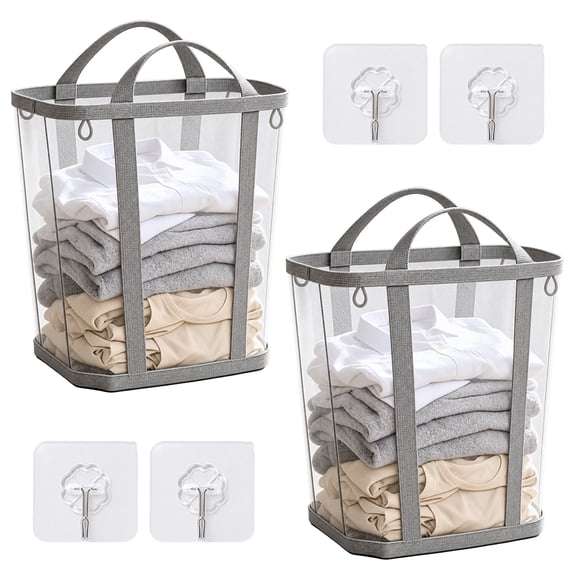 GIRACOA 2 Pack Collapsible Mesh Laundry Hamper with 4 Hooks, Wall Mount Laundry Basket Tote Bag for Dorm, Apartment, Grey