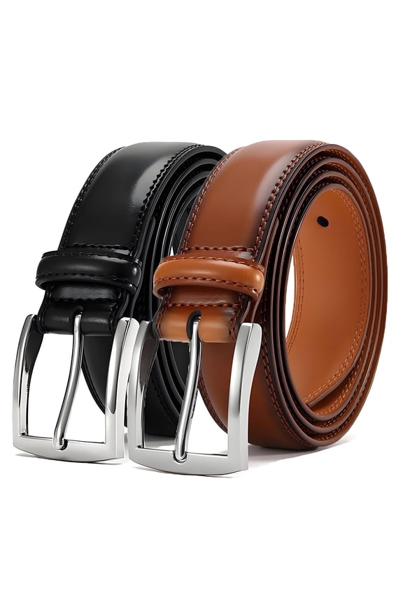 2 Pack Men's Genuine Leather Dress Belt, Adjustable Reversible Leather Belt for Work Business and Casual(Black/Brown 45“ Length)