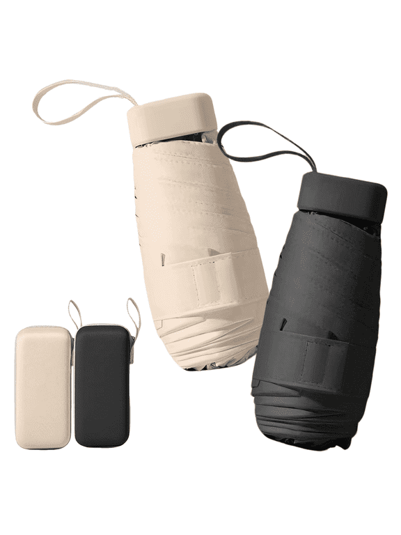 2 Pack Mini Travel Folding Umbrella with Case, UPF 50+ UV Protection Small Compact Lightweight Pocket Umbrella for Commuter, Men Women Boys Girls(Black/Beige)