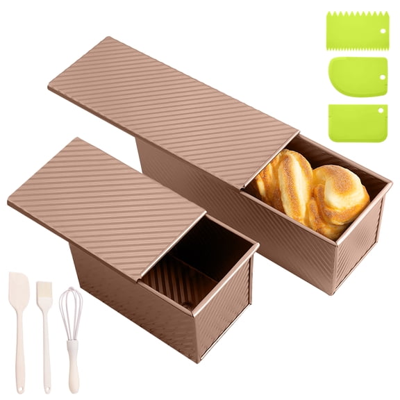 GIRACOA 2 Pack Pullman Loaf Pan with Lid - 2 LB & 1 LB Dough Capacity, Non-Stick Carbon Steel Bread Pans with 3 Pcs Dough Scraper Set and 3 Pcs Bakeware Set for Homemade Sandwich and Sourdough Bread