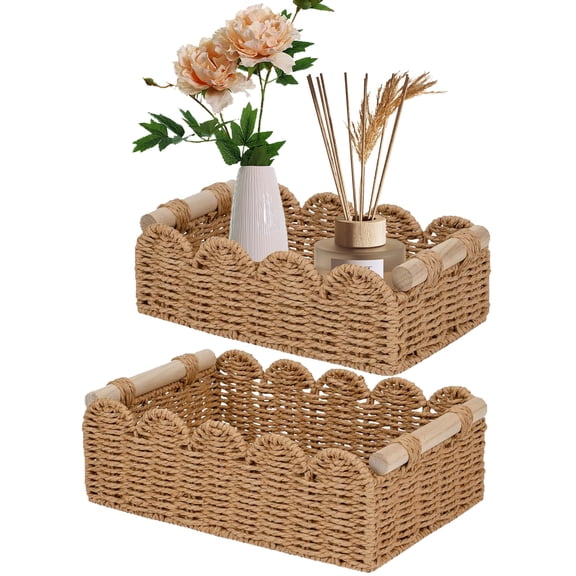 GIRACOA 2-Pack Wicker Storage Baskets with Scalloped Edge, Rope Bins for Over Toilet Storage, End Table Organizer, Shelf Baskets