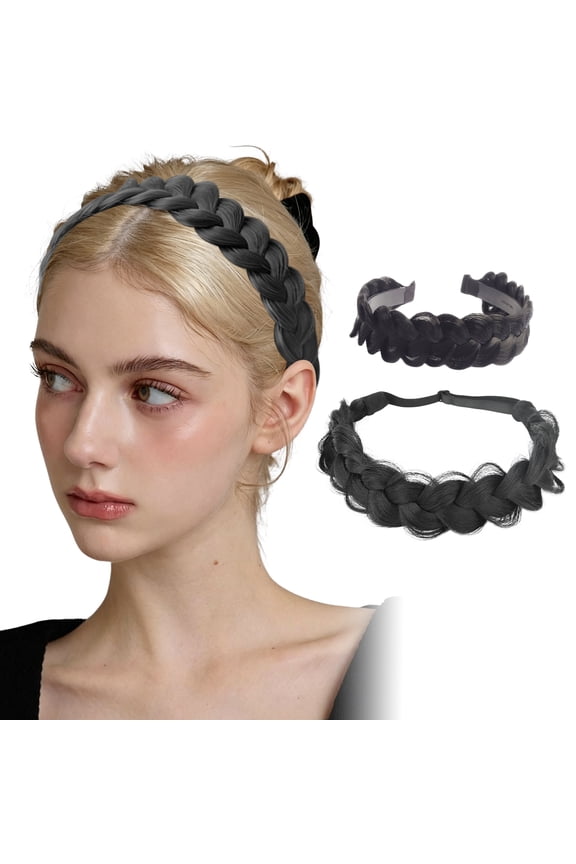 2-Piece Hair Styling Set - Messy Braided Headband with Teeth & Matching Messy Bun Hairpiece - Adjustable Elastic Synthetic Braid Extension for Women, Natural Black