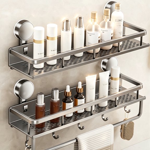 GIRACOA 2-Tier Suction Cup Shower Caddy, Upgraded Widened No-Drilling Bathroom Shelf Organizer with 5 Hooks & Towel Bar