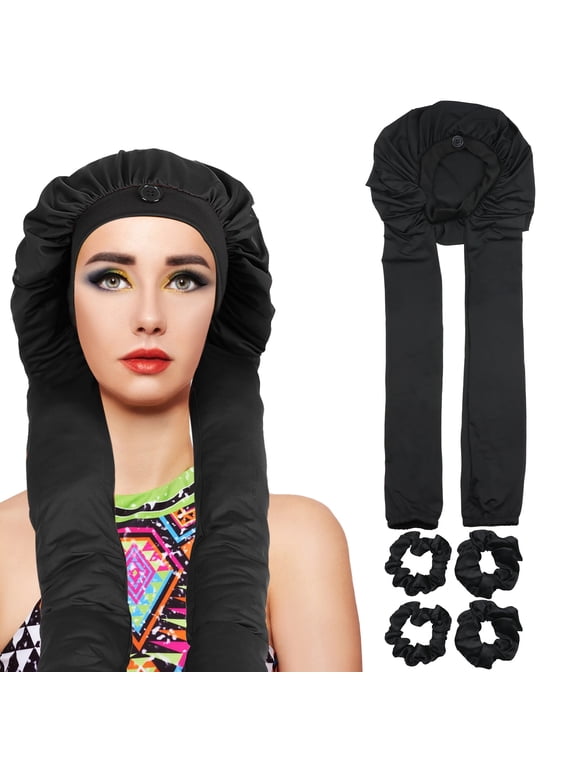 2-in-1 Long Hair Bonnet for Braids & Curls, Set Includes 4 Satin Scrunchies - Protective Sleep Cap for Women