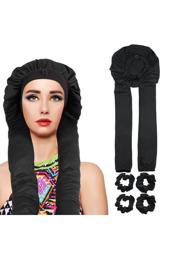 2-in-1 Long Hair Bonnet for Braids & Curls, Set Includes 4 Satin Scrunchies - Protective Sleep Cap for Women