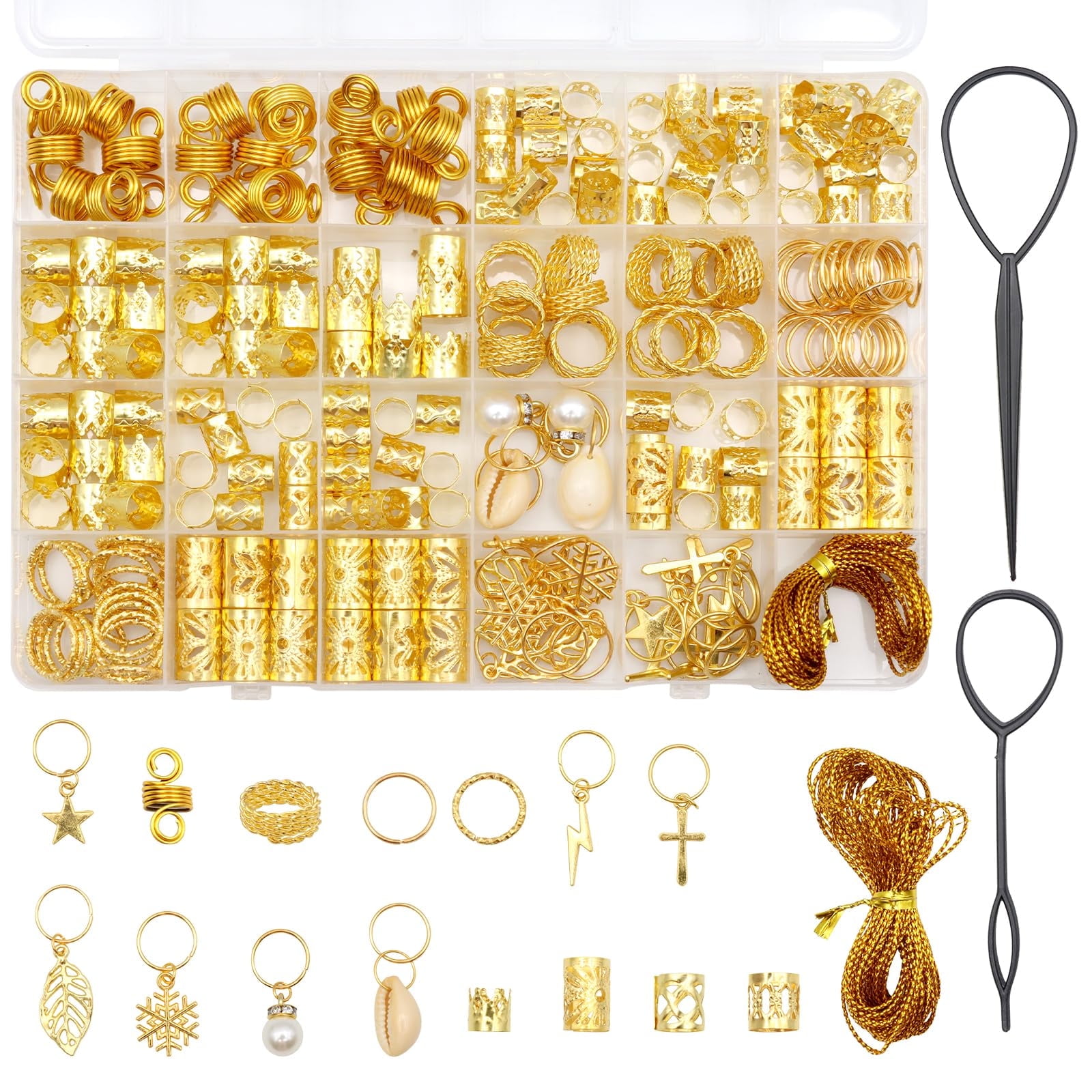 GIRACOA 259 Hair Accessories Gold & 2 Black Hair Pulling Pins, Hair Braid Rings for Men and Women, Dreadlocks Jewellery Gold with Pendants in a Variety of Styles, Hair Beads for Dreadlocks