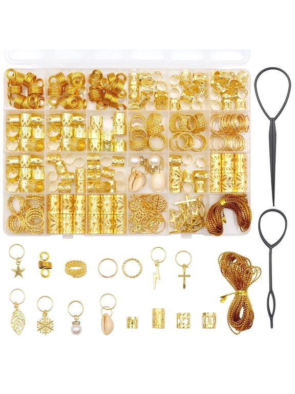 259 Hair Accessories Gold & 2 Black Hair Pulling Pins, Hair Braid Rings for Men and Women, Dreadlocks Jewellery Gold with Pendants in a Variety of Styles, Hair Beads for Dreadlocks