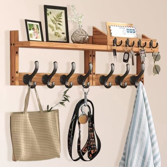 GIRACOA 29 inch Coat Rack Wall Mount with Shelf, Versatile and Decorative Wood Coat and Key Hanger with 11 Hooks and Mail Holder for Living Room, Bedroom
