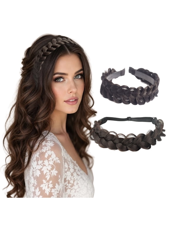 2Pcs Dark Brown Messy Braided Headband & Bun Hair Piece Set, Synthetic Hair Braided Headband with Teeth & Elastic Stretch Hair Band, Boho Chunky Braid Hair Accessories for Women
