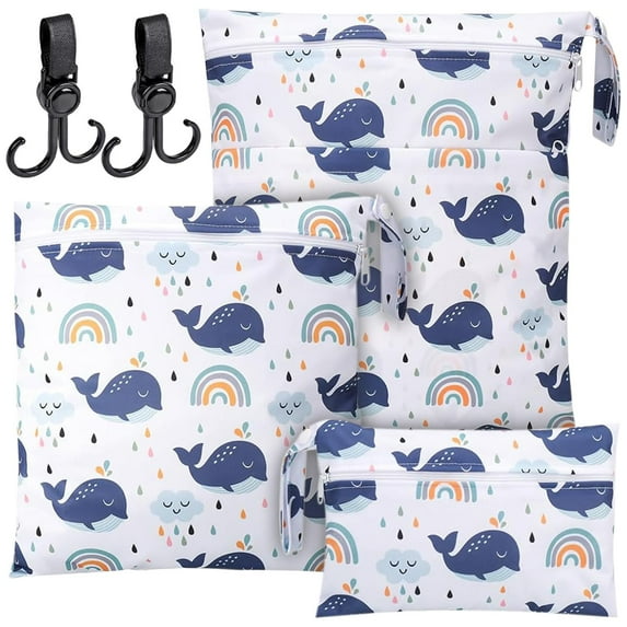 GIRACOA 3 Packs Wet Bag with 2 Black Stroller Hook, Washable Wet Dry Bags Baby Nappy Wet Bag Outdoor Organiser Bag, The Largest Wet Bag with 2 Zipper (3 Size)