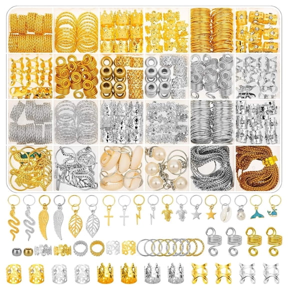 GIRACOA 320 Pcs Hair Jewelry Set Gold & Silver, Dreadlock Accessories Kit with 21 Styles Charms Cuffs Rings Beads, Braid Hair Decorations for Locs Twist Cornrows, Included Storage Case
