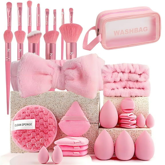 GIRACOA 34 PCs Professional Makeup Kit, 13Pcs Makeup Brush Set with 20 Pcs Facial Makeup Accessories and A Storage Bag, Multi-functional Makeup Tool Set(Pink)