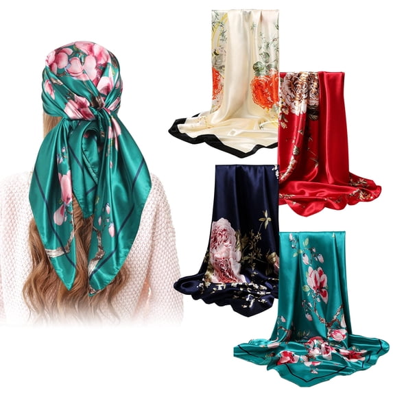 GIRACOA 4 PCS Large Satin Square Head Scarf for Women, 35" Silk Floral Hair Bandanas for Hair Wrapping & Handbag Accessory
