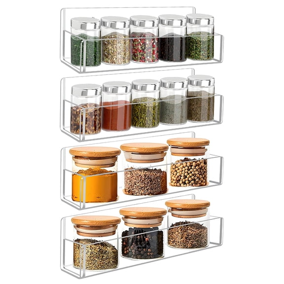 GIRACOA 4 Pack Clear Spice Rack Wall Mount, 9 Inch Invisible Acrylic Spice Shelf Storage Holder Cabinet Door, Cupboard or Wall Kitchen