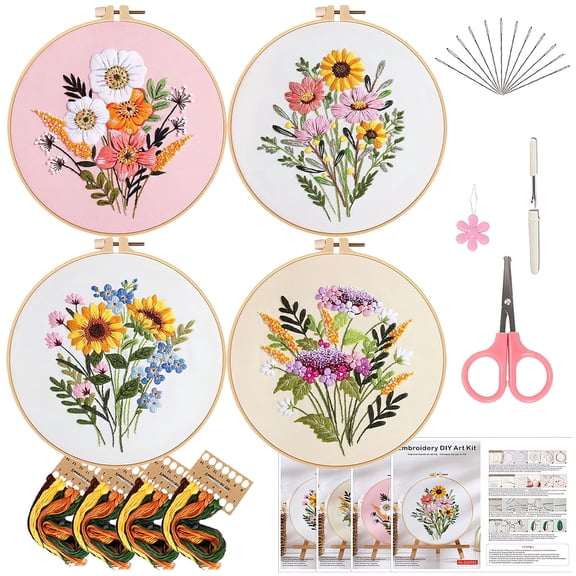 GIRACOA 4 Pack Embroidery Kits for Beginners Adults, Floral Bouquet Stamped Patterns, All-in-One Starter Set with 2 Hoops (7.87 Inch), Scissors, Threader, Seam Ripper & Instructions, DIY Craft Gift