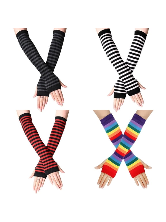 4 Pairs Striped Arm Warmers, Long Fingerless Knit Gloves with Thumb Hole, Winter Wrist Warmers for Women Y2K