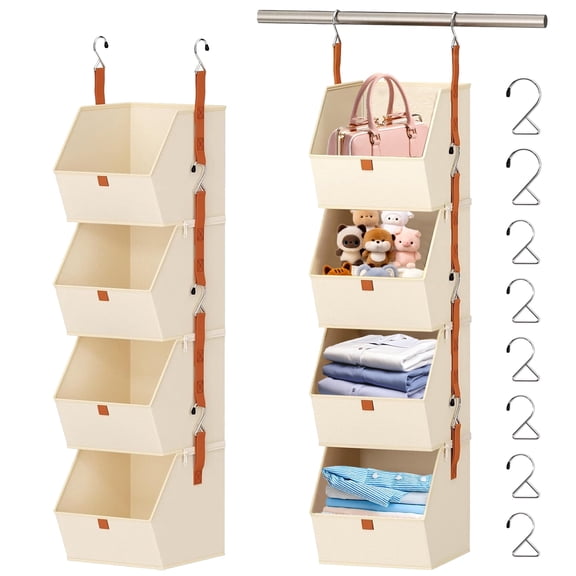GIRACOA 4 Shelf Hanging Closet Organizer, Modular Detachable Hanging Shelves for Clothes & Shoes, Space-Saving Collapsible Wardrobe Organizer for Dorm, RV & Nursery(Beige)
