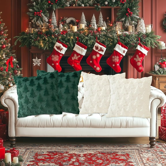 GIRACOA 4Pcs Christmas Tree Plush Pillow Covers (18x18 Inch) - Soft Fluffy Holiday Decor for Sofa, Bedroom, Living Room