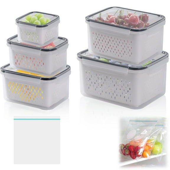 GIRACOA 5 Pack Large Airtight Fruit Containers for Fridge, with 20 PCS Fresh-Keeping Bags, Leakproof Food Storage Containers with Removable Colander, Keep Fruits Vegetable Food Meat Fresh Longer
